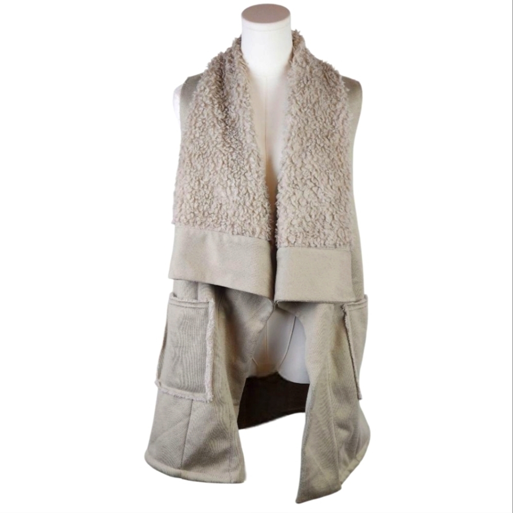 Favlux Beige Light Olive Sherpa Lined Waterfall Vest Size M Open Front Cozy